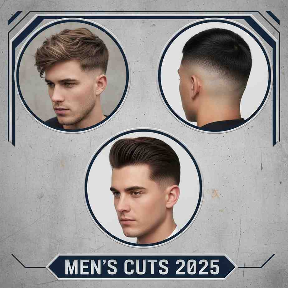 Trending mens haircuts 2025 collage including textured crop, buzz cut, and pompadour