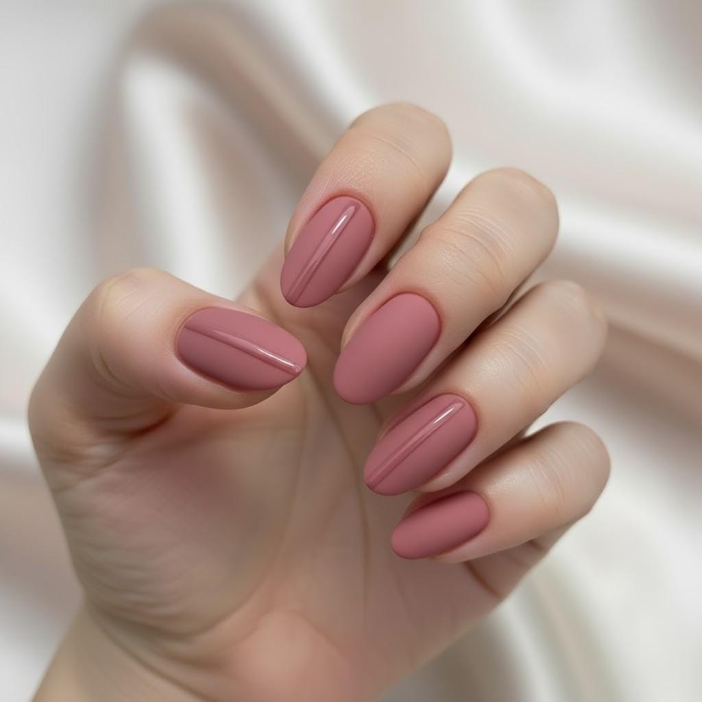 Nude matte nails with glossy diagonal stripes, a modern twist on simple nail art styles