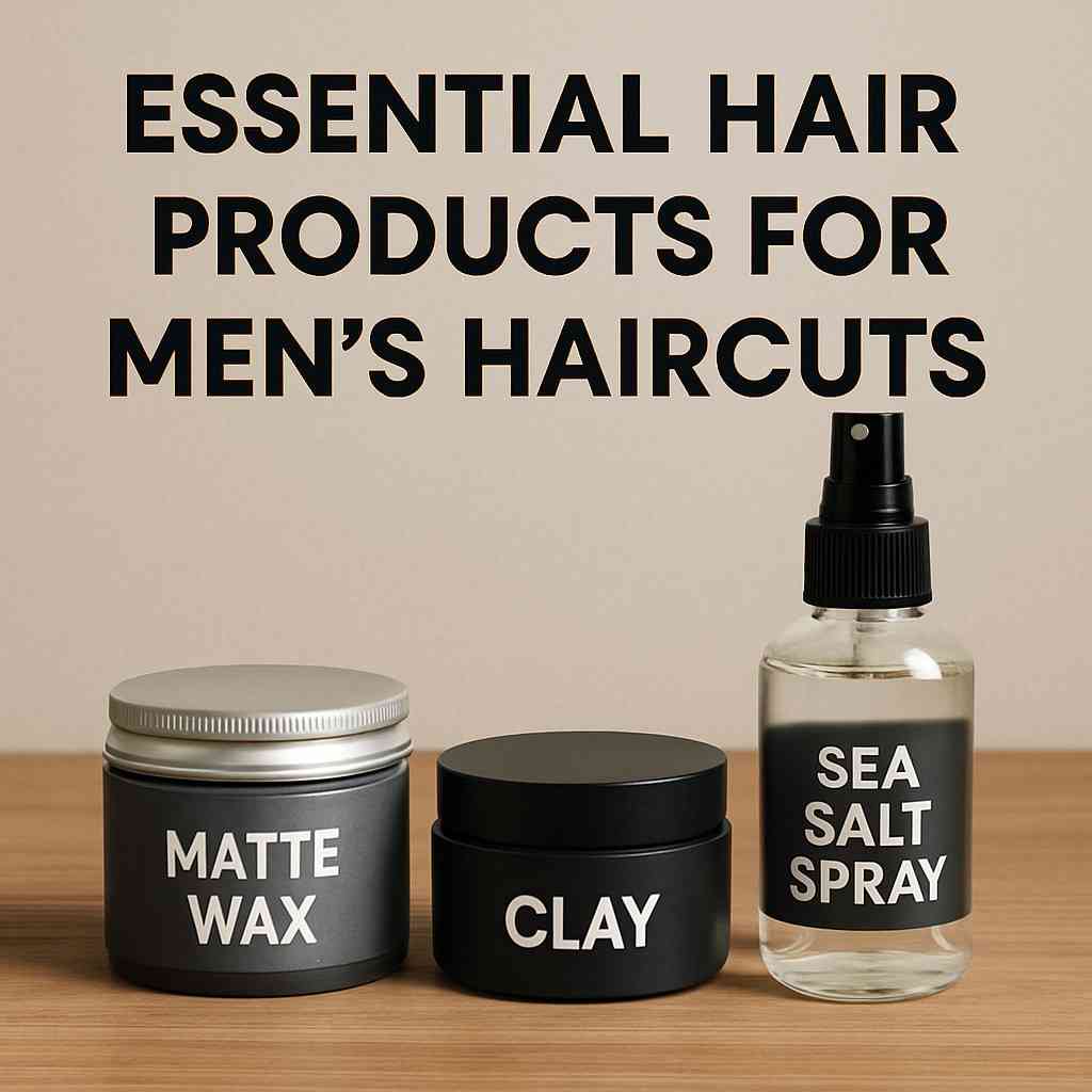 Essential hair products for mens haircuts including matte wax, clay, and sea salt spray