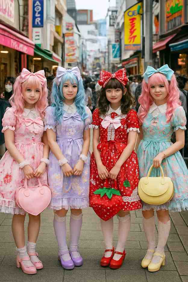 People wearing Lolita fashion in Harajuku, Japan, showcasing colorful street style.