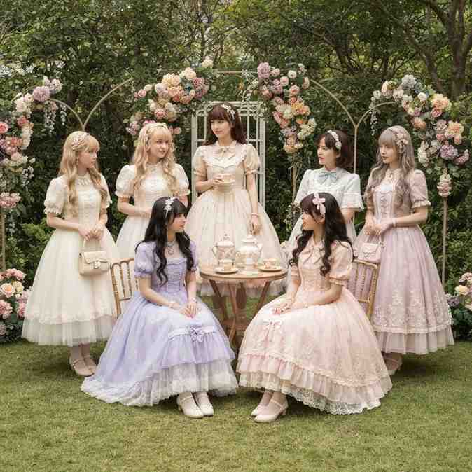 Lolita fashion community gathering at a tea party with elegant dresses and accessories.