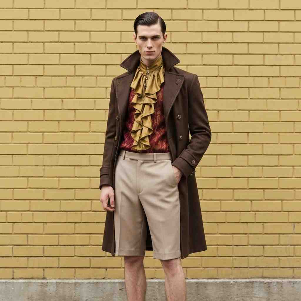 Ouji fashion style for men, featuring tailored shorts, ruffled blouse, and elegant frock coat.