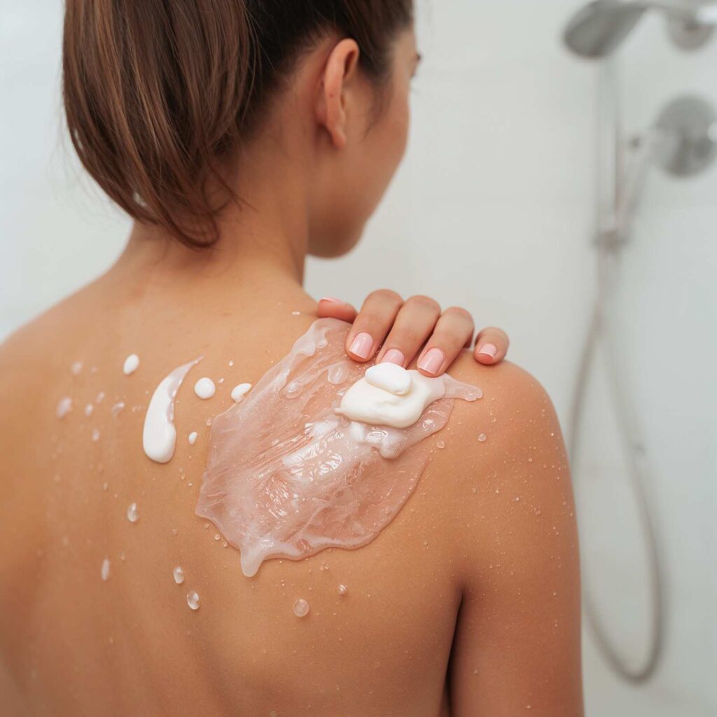 Applying EOS lotion on body after shower for all-day hydration