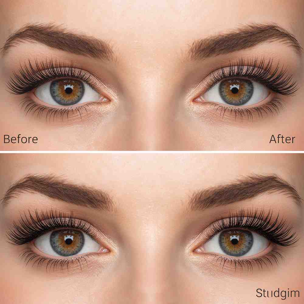 Close-up of eyelashes before and after using tubing mascara, showing extra length and zero smudging.