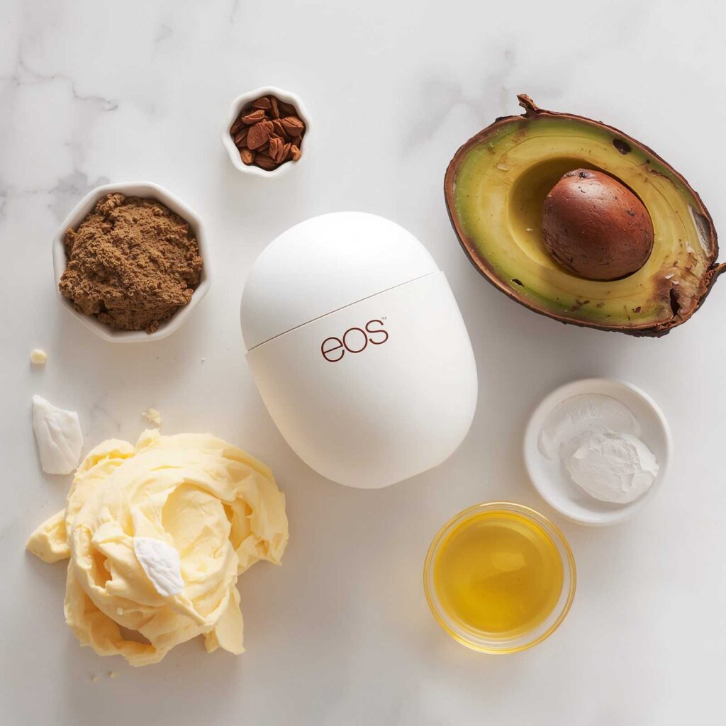 Natural ingredients used in EOS lotion such as shea butter, cocoa butter, avocado, and vitamin E