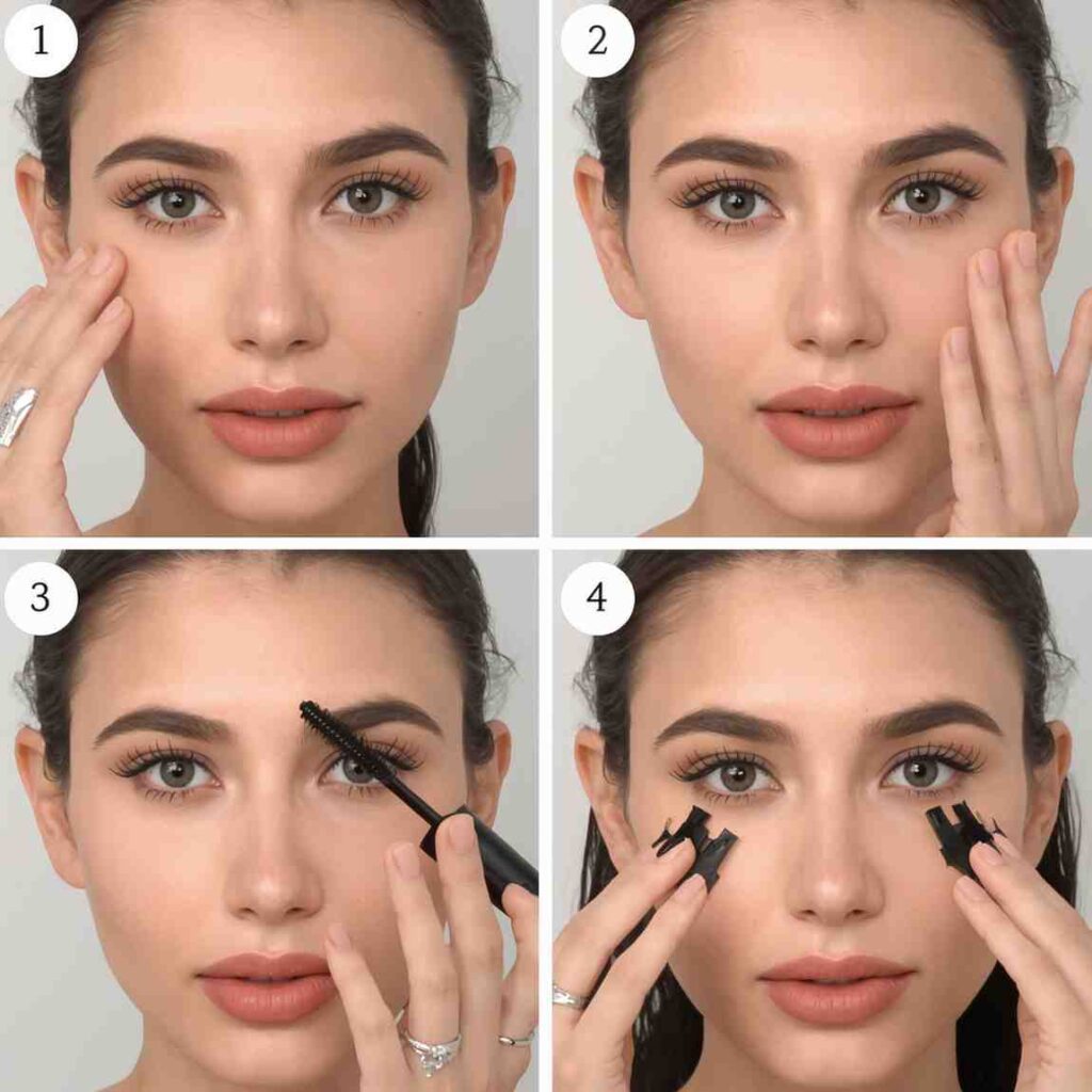 Step-by-step demo of removing tubing mascara with warm water and gentle finger pressure.