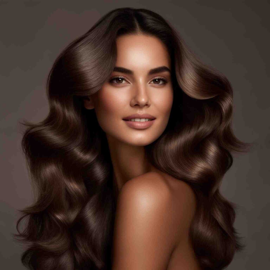 Woman with shiny, healthy, resilient hair after regular use of Kerastase Genesis Serum