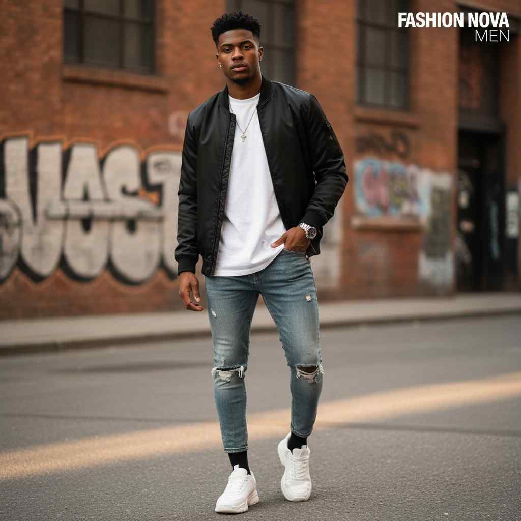 Fashion Nova Men bomber jacket styled with casual streetwear.