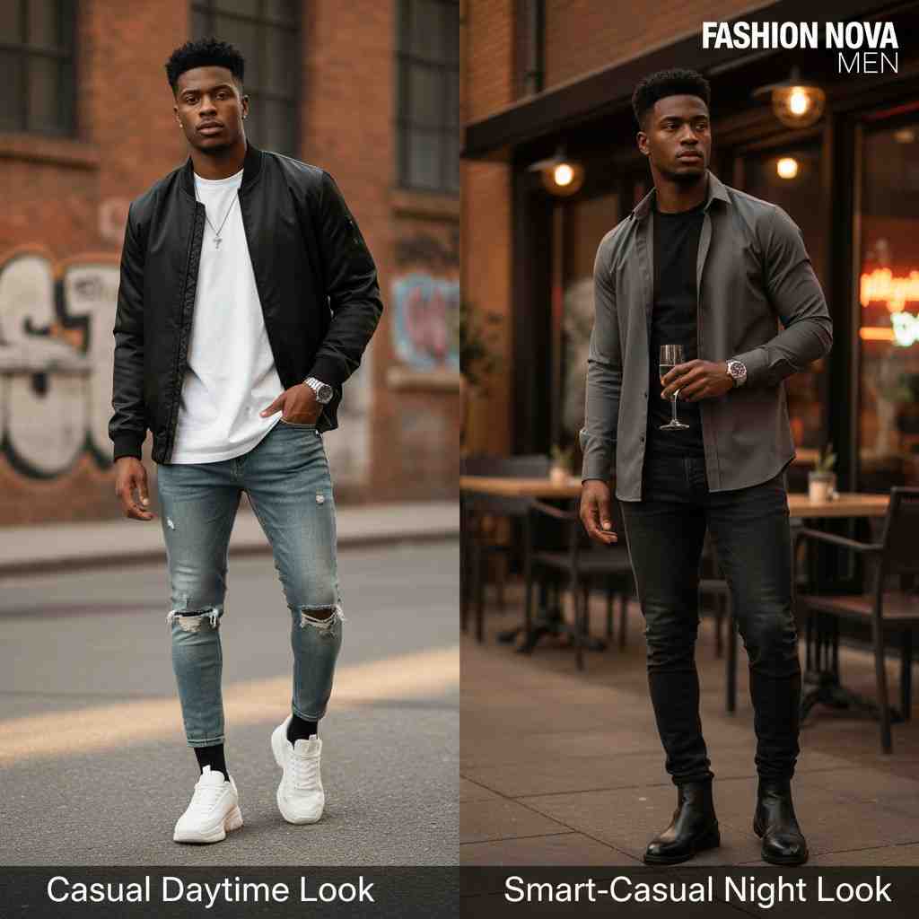 Fashion Nova Men styling tips from casual daytime to smart-casual night look.”