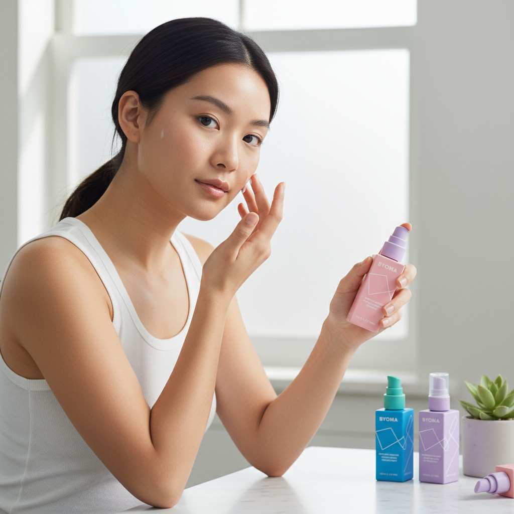 Person applying BYOMA Skincare serum as part of a daily routine