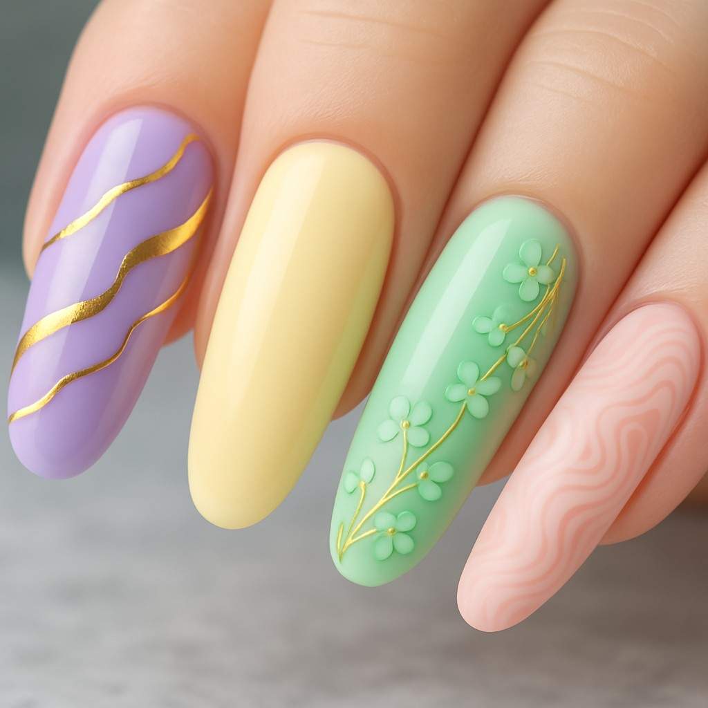 Spring mix and match pastel nail designs in lavender, yellow, mint, and pink.