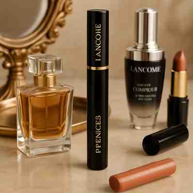 Lancôme Mascara displayed with luxury beauty products on a vanity table.
