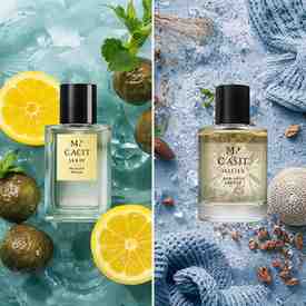 Seasonal guide for the best cologne for men, showing summer freshness and winter warmth.