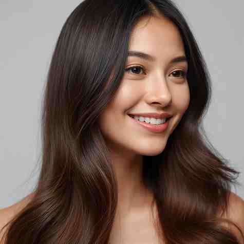Woman with smooth, glossy hair after using Fino Hair Mask by Shiseido.
