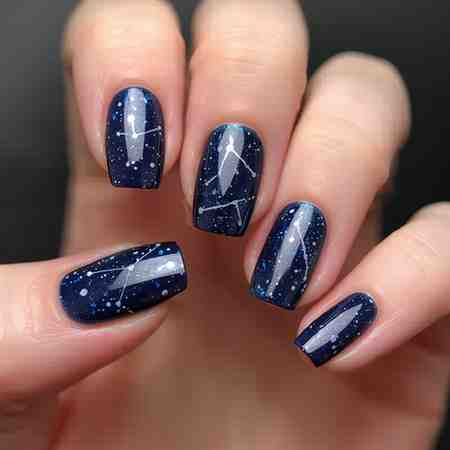Celestial constellation nail art in deep navy inspired by the night-sky nail designs 2025