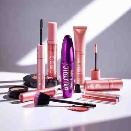 Flat lay with Maybelline Colossal Bubble Mascara and other Maybelline products
